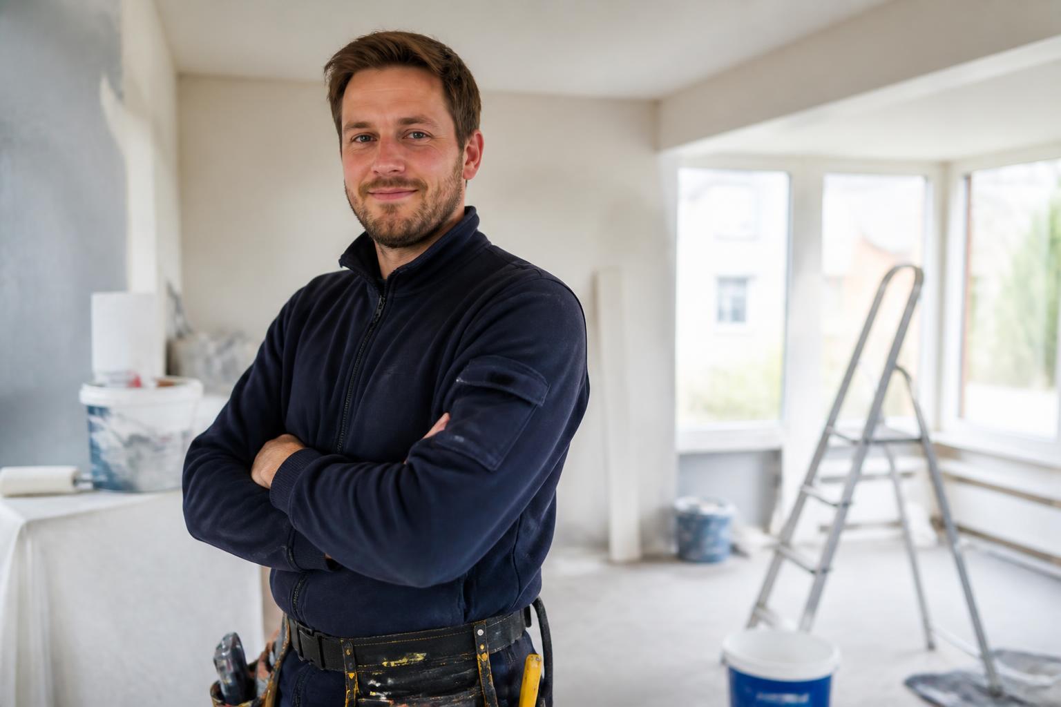 Vakman in werkkleding in een woning in renovatie